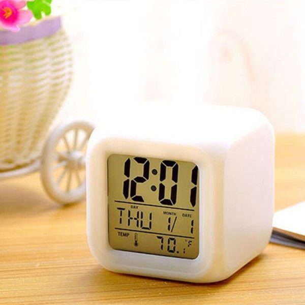 LED Alarm Colock 7 Colors Changing Digital Desk Gadget Digital Alarm Thermometer Night Glowing Cube led